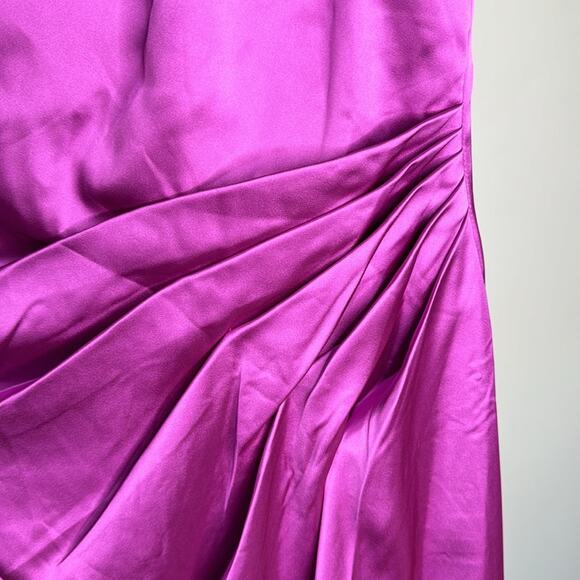 NWT IEENA for MAC DUGGAL Orchid One Shoulder Satin Puff Sleeve Side Ruched Gown - Picture 6 of 13